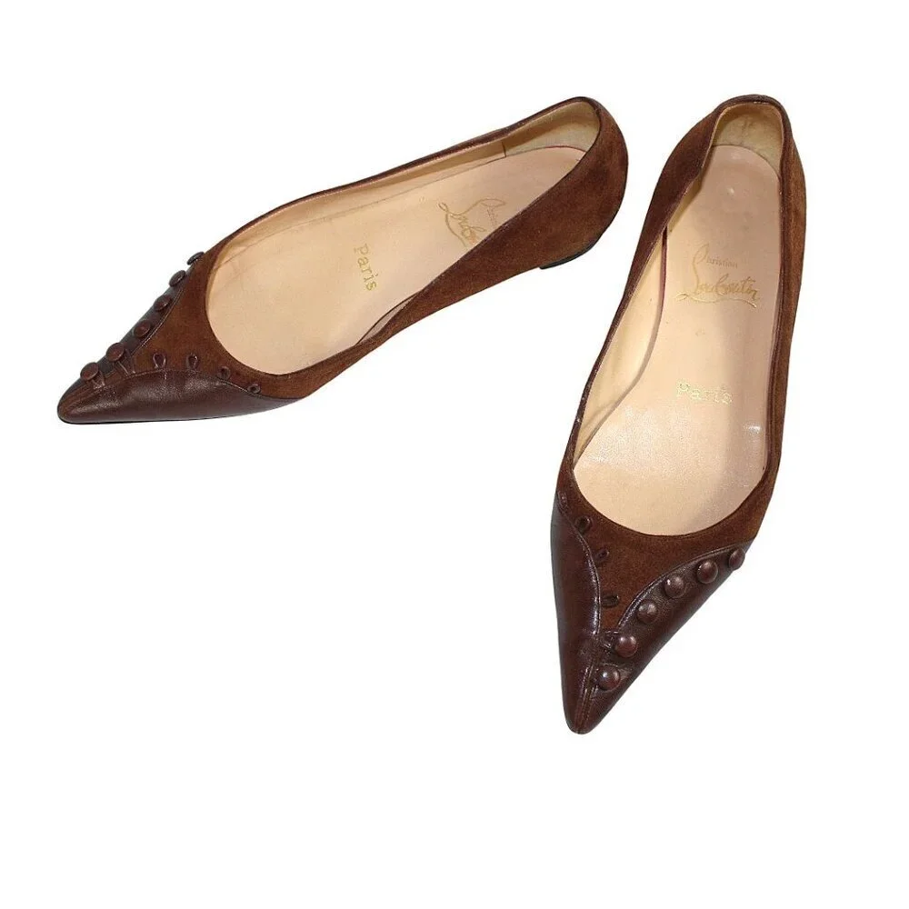 Christian Louboutin Brown Suede Leather Overlay Pointed-Toe Flats Button Detail